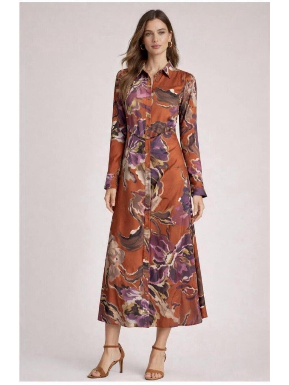 NEW DONNA KARAN New York Dress sz.4 Floral Satin Midi Ruched Cocktail Wedding